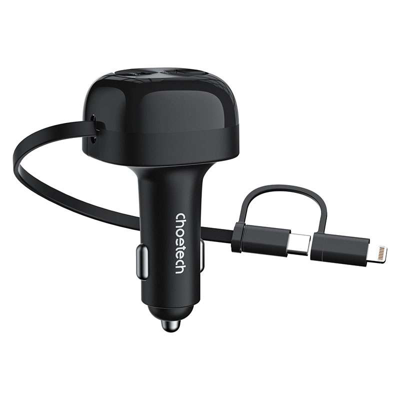 Choetech 75W Car Charger with Retractable 2in1 USB-C + Lightning