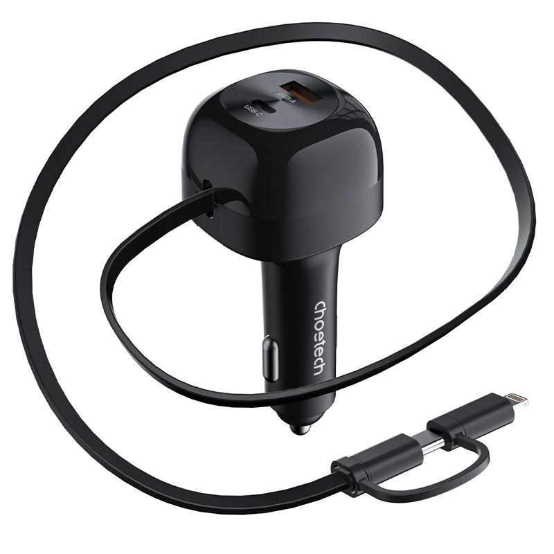 Choetech 75W Car Charger with Retractable 2in1 USB-C + Lightning