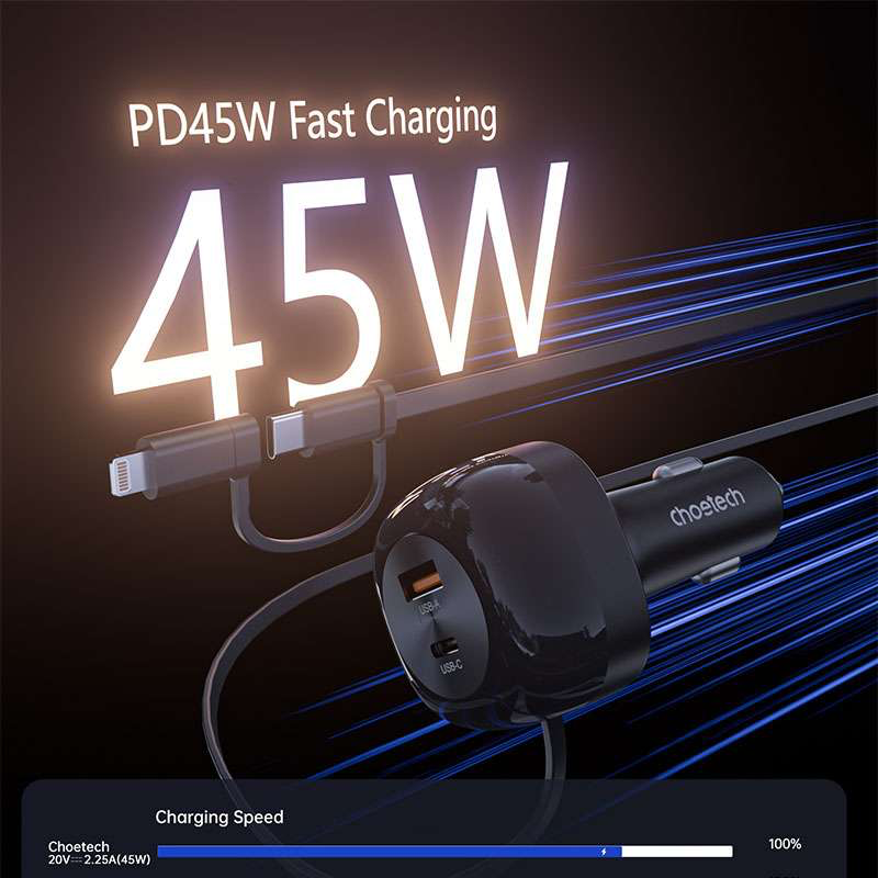 Choetech 75W Car Charger with Retractable 2in1 USB-C + Lightning