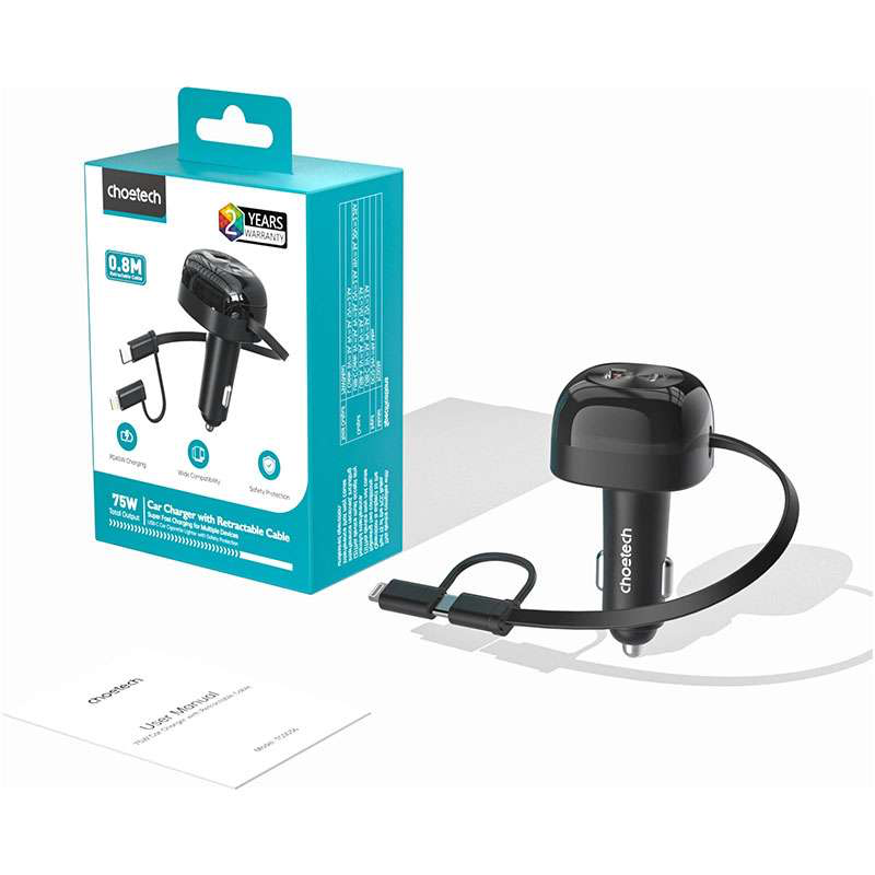 Choetech 75W Car Charger with Retractable 2in1 USB-C + Lightning