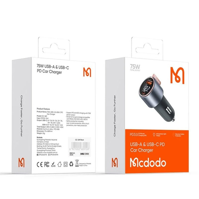 Mcdodo Car Charger Mobile 75W Dual Port USB A + C Fast Charging