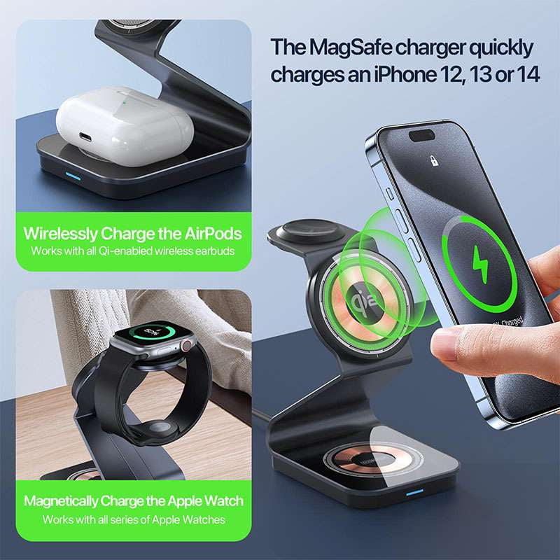 Duzzano W21 QI2 3 in 1 Transparent 15W Magnetic Magsafe Compatible Wireless Charger Stand for Phones, Airpods & Apple Watch