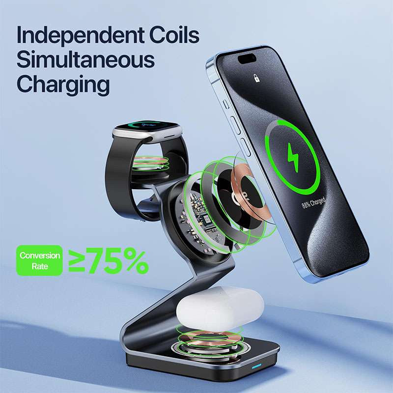 Duzzano W21 QI2 3 in 1 Transparent 15W Magnetic Magsafe Compatible Wireless Charger Stand for Phones, Airpods & Apple Watch