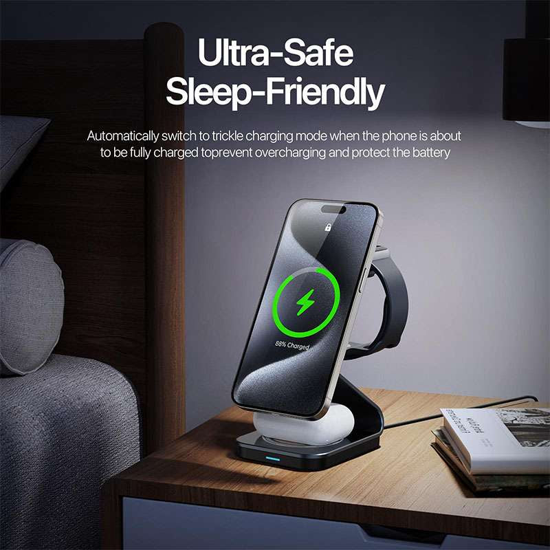 Duzzano W21 QI2 3 in 1 Transparent 15W Magnetic Magsafe Compatible Wireless Charger Stand for Phones, Airpods & Apple Watch