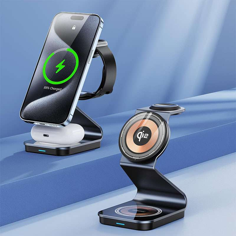 Duzzano W21 QI2 3 in 1 Transparent 15W Magnetic Magsafe Compatible Wireless Charger Stand for Phones, Airpods & Apple Watch