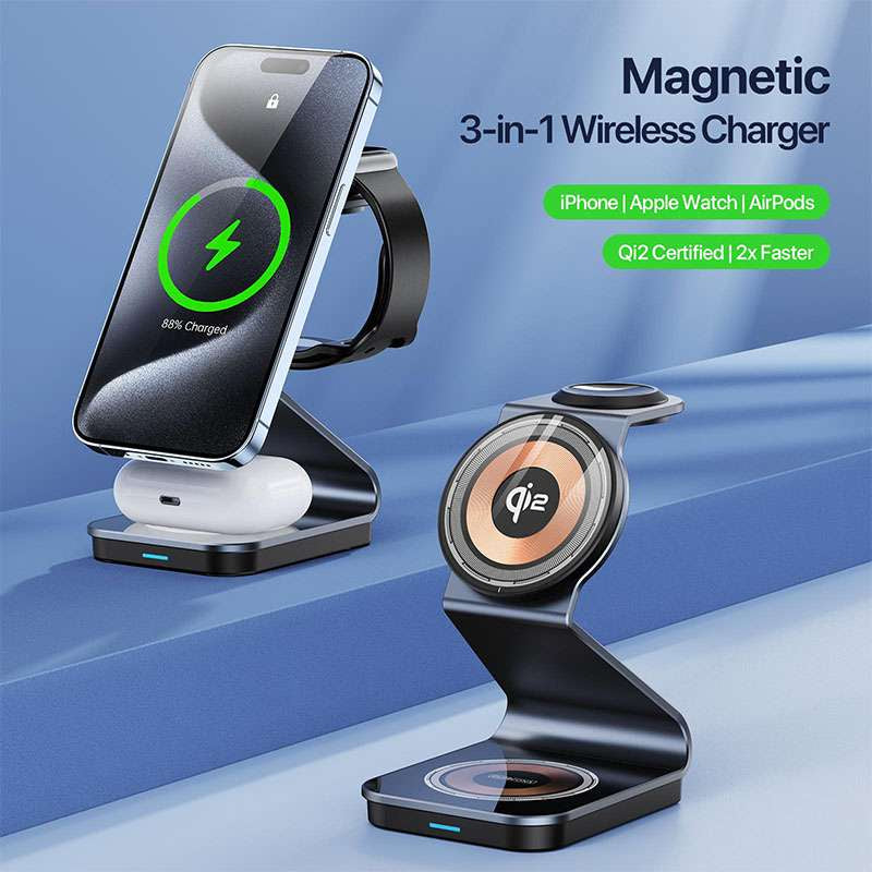 Duzzano W21 QI2 3 in 1 Transparent 15W Magnetic Magsafe Compatible Wireless Charger Stand for Phones, Airpods & Apple Watch