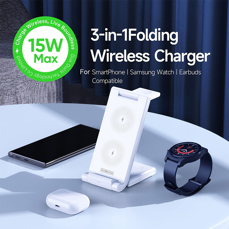 Universal Foldable 15W 3 in 1 Wireless Charger for Phones, Earbuds, Watches & More – W-10