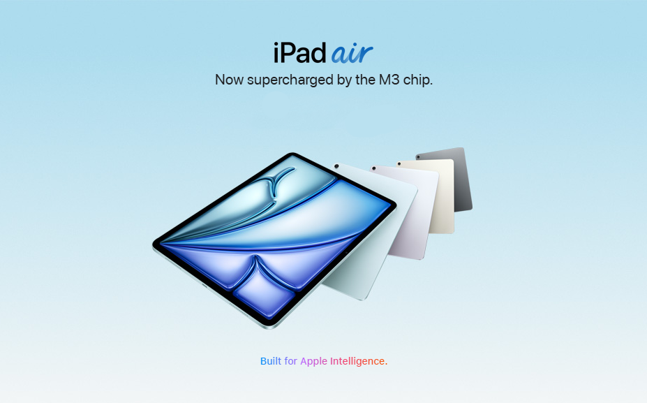iPad Air with M3 chip on a light blue background